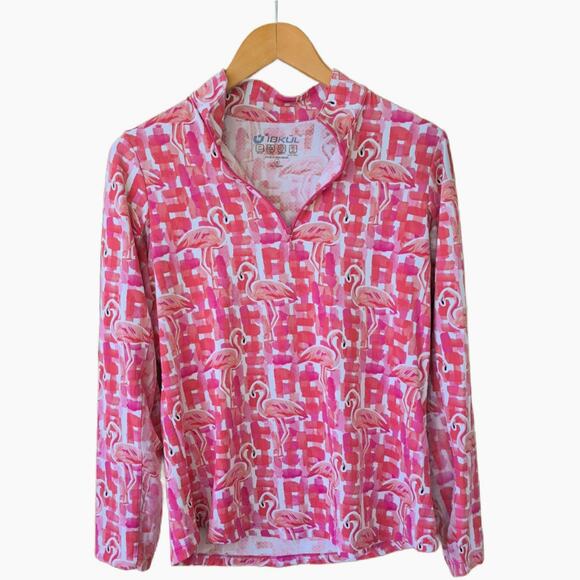 IBKUL Elsa Flamingo Hot Pink/ Coral Long Sleeve Zip Mock SPF 50 Medium - Picture 6 of 9